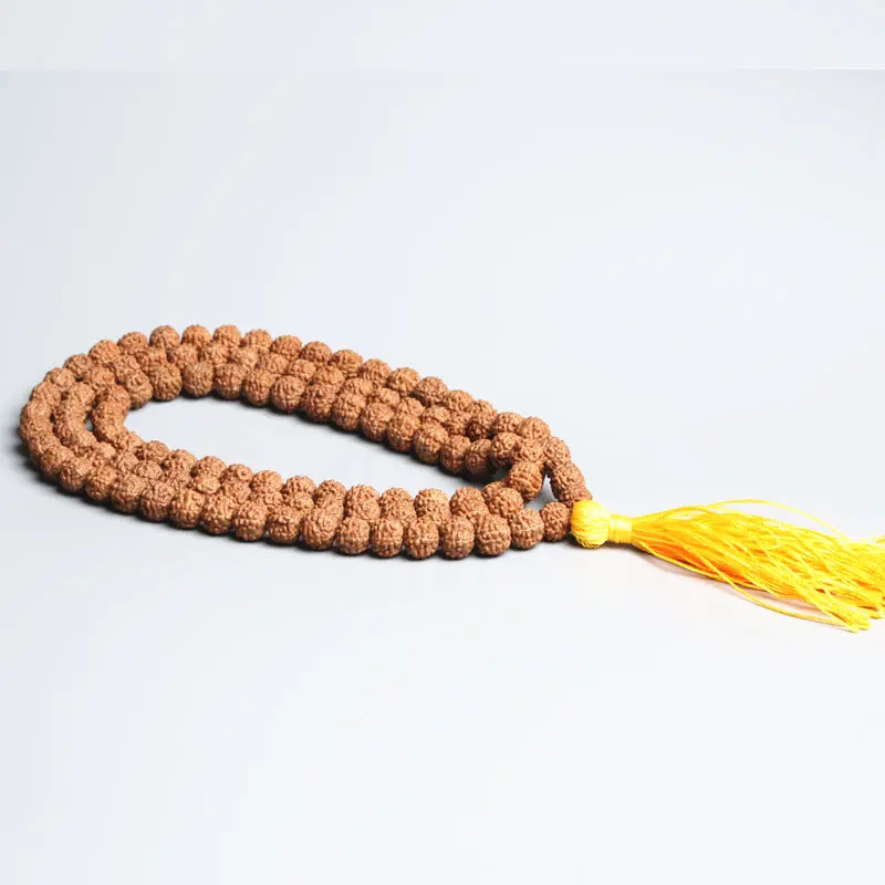 9-10mm 108PCS Natural Rudraksha Bodhi Prayer Beads Mala with Yellow Tassel  TSB0308