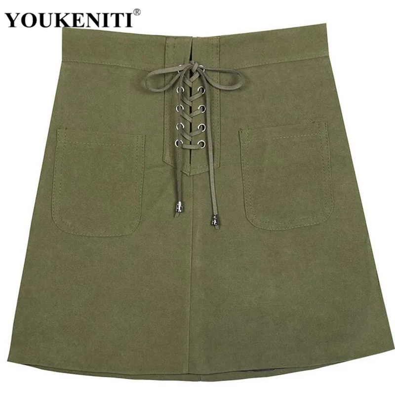 Youkeniti Новый осень-зима модные Юбки для женщин Для Кружево-Up карман лоскутное