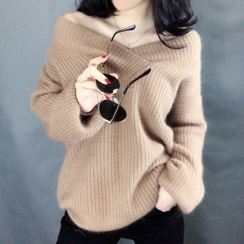 New 2020 Autumn Winter Casual Lantern Sleeves Cotton Sweater Women V-neck Pullovers Loose Knitted Bottoming One Size | Женская одежда