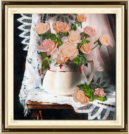 

Needlework,DIY Ribbon Cross stitch Sets for Embroidery kit,Curtain table vase rose flower ribbon Cross-Stitch handwork wedding