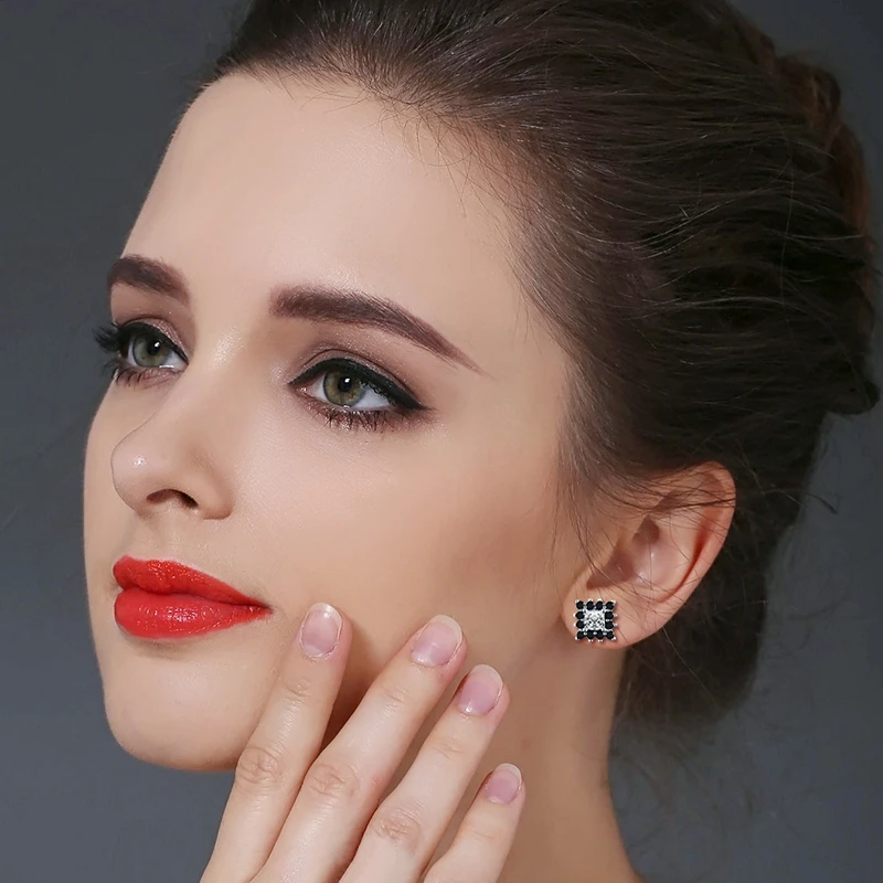 

[BLACK AWN] 925 Sterling Silver Jewelry Stud Earrings for Women Trendy Square Boucles D'oreilles TE028