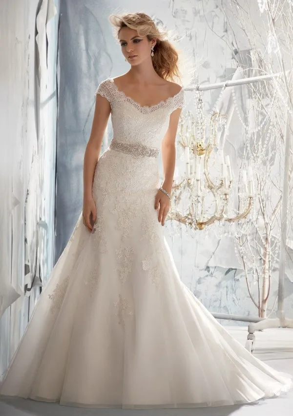 2015 New Design Wedding Dresses Mermaid Crystal Lace V neck Bridal Gown Short Sleeve Cap Court Train VESTIDO DE NOIVA|cap sleeve wedding gown|cap