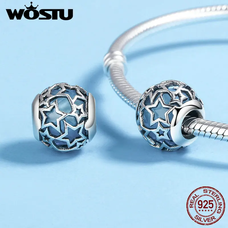WOSTU 925 пробы серебряные Мерцающие Звезды ажурные синие хрустальные бусины