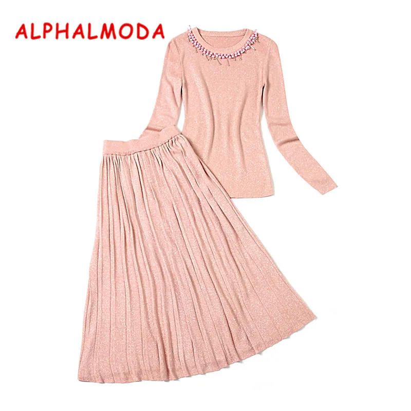 Женский свитер с бусинами ALPHALMODA зимний комплект юбкой и воротником из бисера