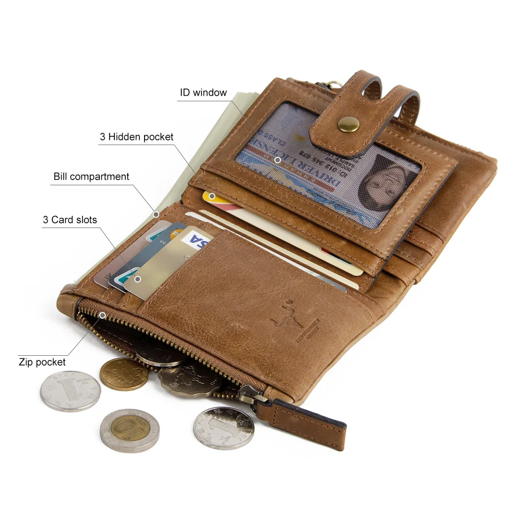 Men Wallet Genuine Leather Crazy Horse Double Zipper Case Brand RFID Credit Card Holder Male Key Coin Purse Clutch Money Bag | Багаж и