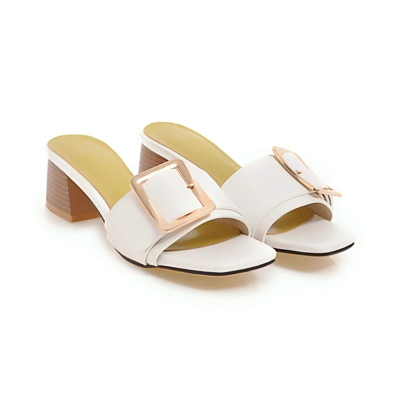 Женские шлепанцы на среднем квадратном каблуке YMECHIC белые черные бежевые