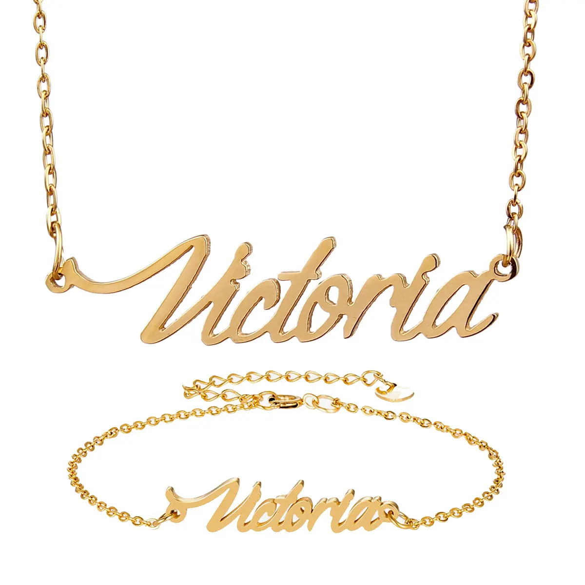 

Fashion Stainless Steel Name Necklace Bracelet Set " Victoria " Script Letter Gold Choker Chain Necklace Pendant Nameplate Gift