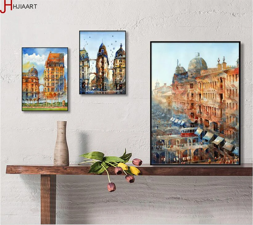 Nordic Watercolor Vintage Building Decor Painting on Canvas Fashion Unframed 3 Panels Home Decoration Wall Art Prints | Дом и сад