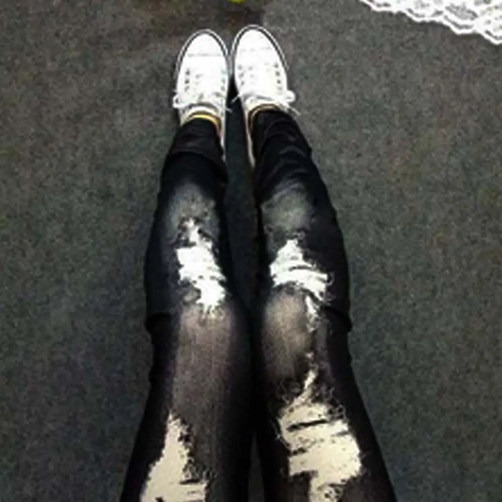 Джинсы женские 2017 сексуальные с фальш дырками из смесового хлопка брюки карандаш