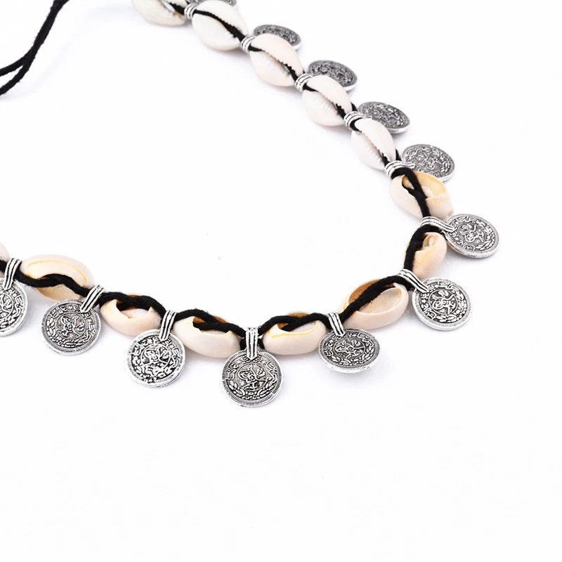 Бохо оболочка чокер ожерелье морской пляж Посеребренная монета кулон