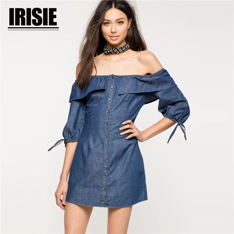 Irisie 2018 Для женщин джинсовое платье Волан рубашка лук Slash Средства ухода за кожей
