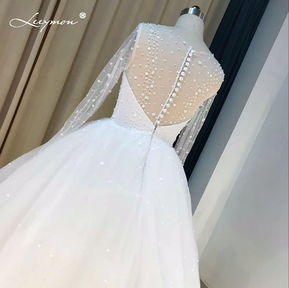 

Leeymon Custom Made Real Samples Ball Gown Puffy Wedding Dress 2018 Sheer Back Long Sleeves Crystal Wedding Gown Robe De Mariage