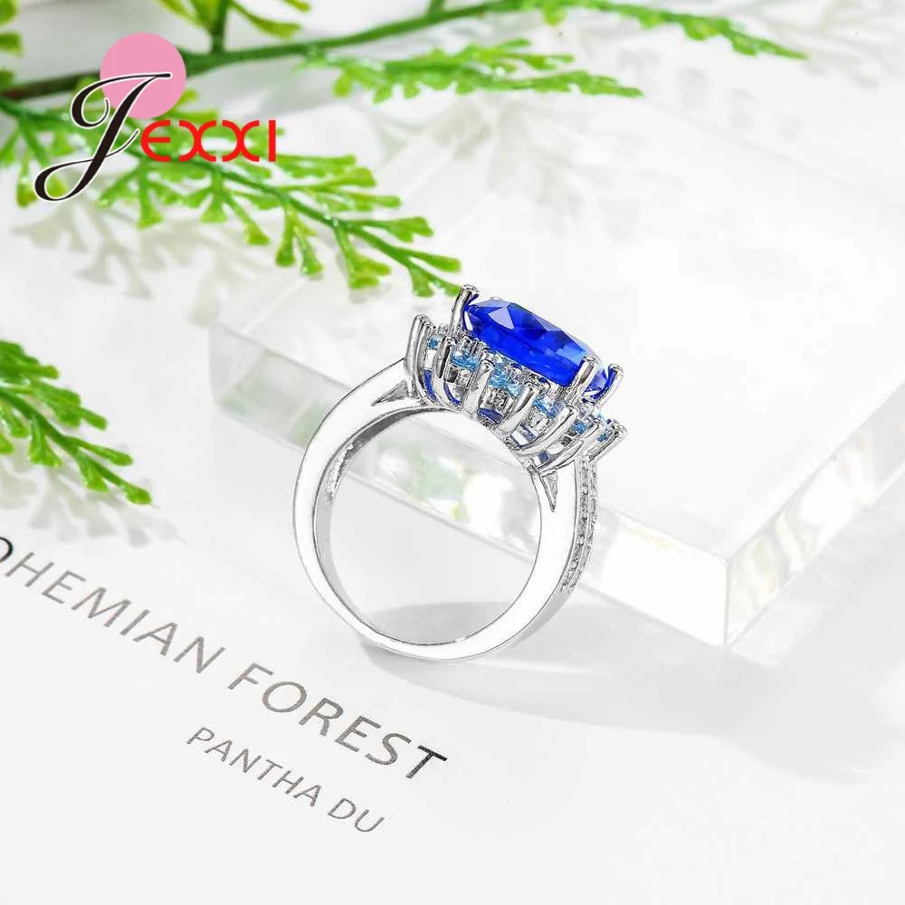 

Elegant Women Christmas Gift Original 925 Sterling Silver Jewelry Inlaid Round Blue Cubic Zircon Engagement Female Anel
