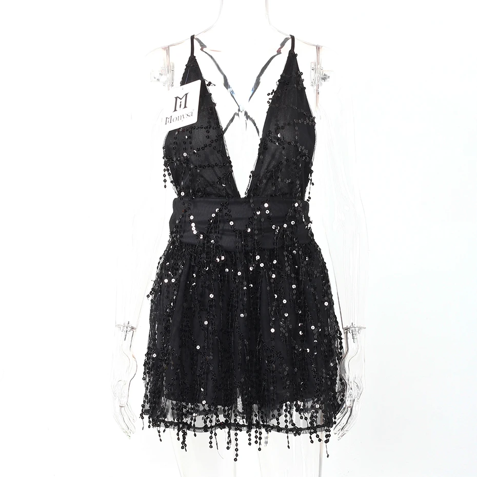 Women Party Dresses Summer New Fashion Sleeveless Deep V Neck Sequin Dress Women Black Spaghetti Strap Sexy Dress Backless
