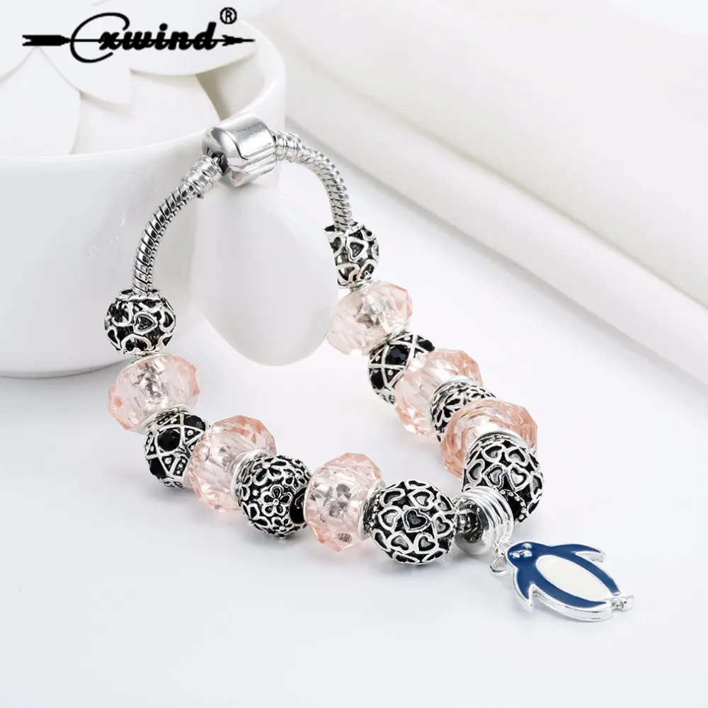 Cxwind Fashion Pink Glass Heart Beads Bracelet Cute Penguin Pendant Snake Chain Bangles for Women Girl Summer Jewelry | Украшения и