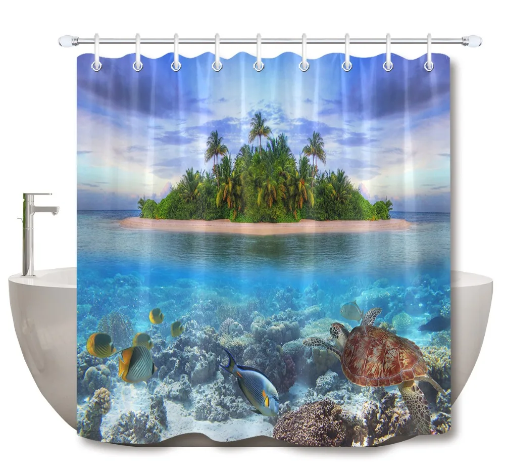 

72'' Bathroom Waterproof Fabric Shower Curtain Polyester 12 Hooks Bath Accessory Sets Tropical Island Of Maldives Fishes Corals