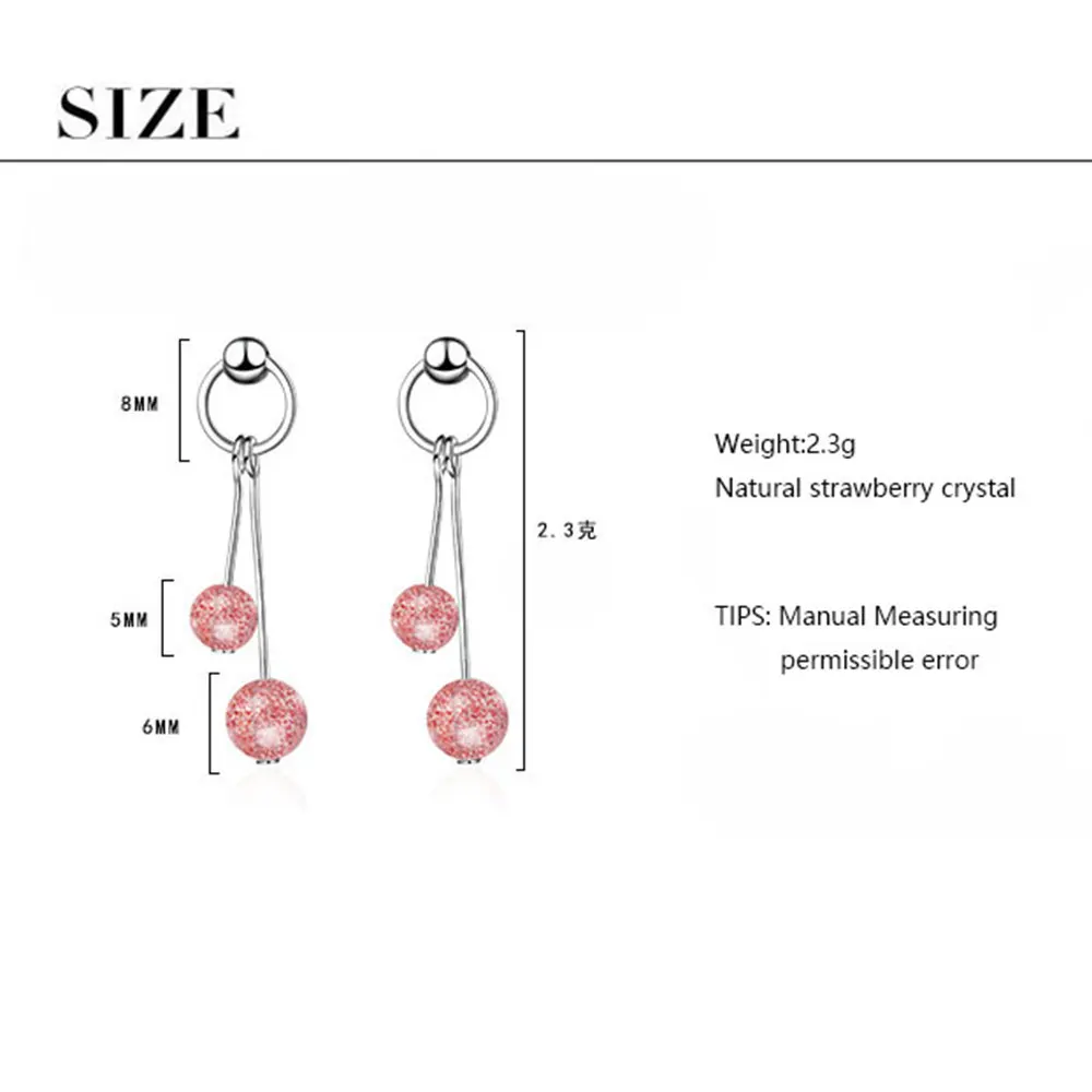 Anenjery Sweet Simple Circle Natural Strawberry Crystal Tassel Earrings 925 Sterling Silver Earrings For Women S-E140