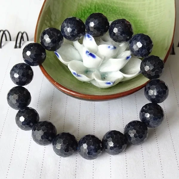 

Genuine Natural Blue Sapphire Gemstone Stretch Faced Cut Round Beads 13mm 14mm 15mm Sapphire Woman Man Healing Bracelet AAAAA