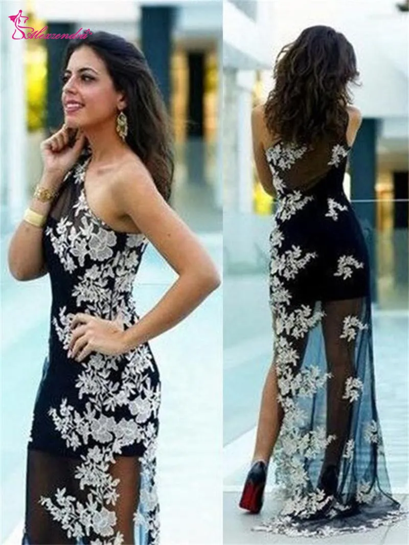 

Alexzendra Black Mermaid Prom Dresses One Shoulder Lace Party Dresses Customized