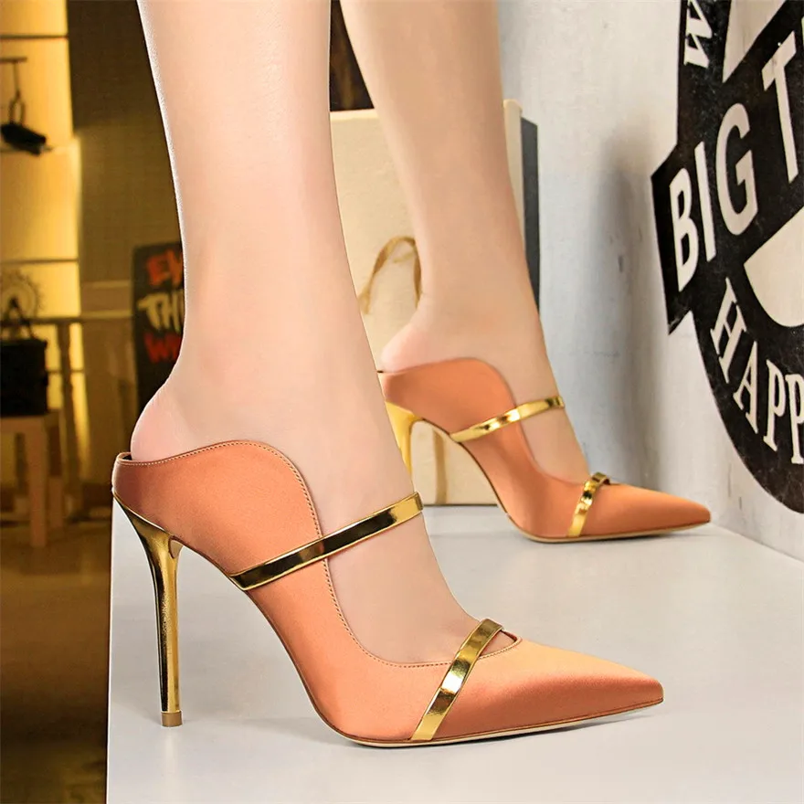 Champagne 7 Colors Solid Silk Women Slippers Pointed Toe Outdoor Sandals High Heels Woman Sexy Party Show Thin Ladies Shallow Summer Shoes - Цвет: Champagne