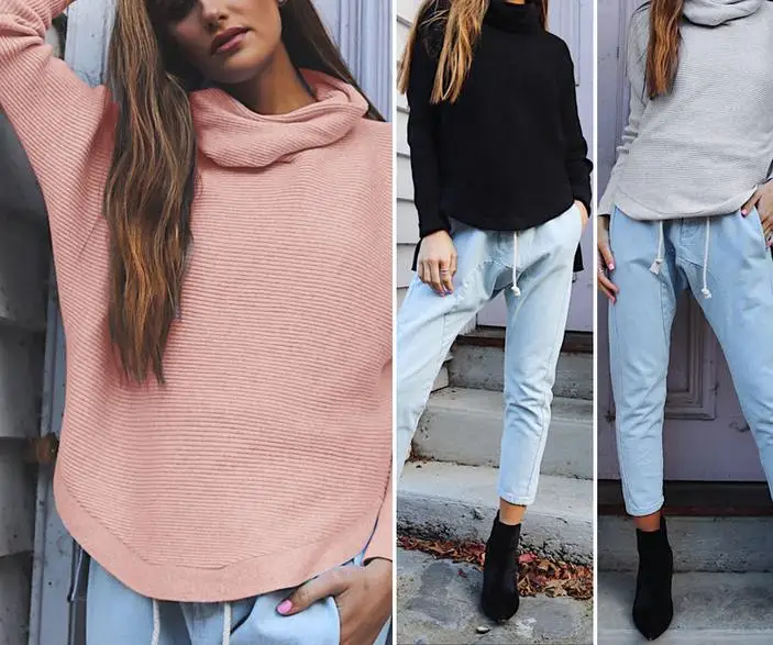 Fashion High Neck Sweaters Women Loose basic Long Sleeve Shirt Top Jumper Pullover Sweater Cotton Tops Batwing | Женская одежда