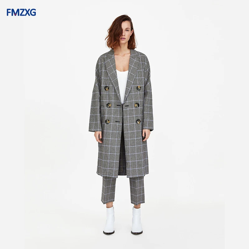 Women Warm Wool Blends Autumn Winter Coats Vintage Houndstooth Oversized High Quality Long Coat Female Double-breasted Jacket | Женская