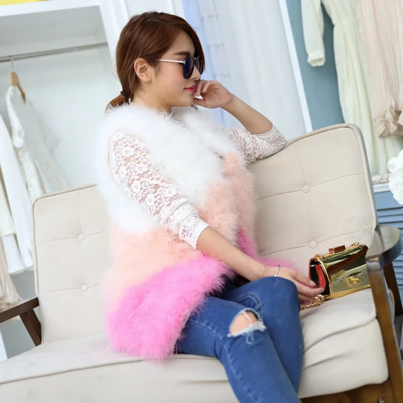 

Spring Autumn Women's Genuine Real Ostrich Fur Vest Waistcoat Lady Slim Short Gilet Outerwear Coats VF5010