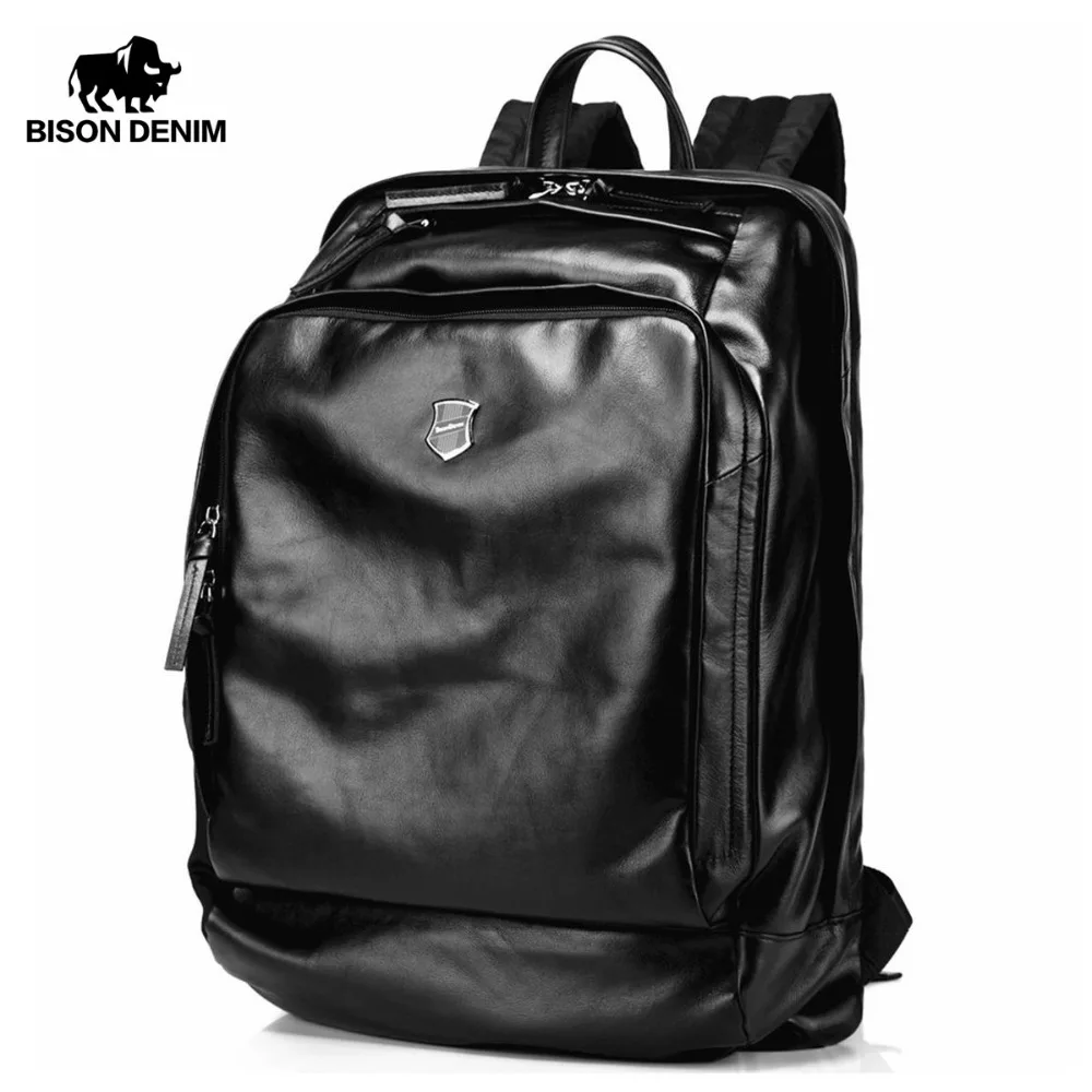 Bison Denim Soft Genuine Leather 15.6 inches Large Men Backpack Travel Laptop School Male Fashion N2378|travel laptop backpack|men backpackmens