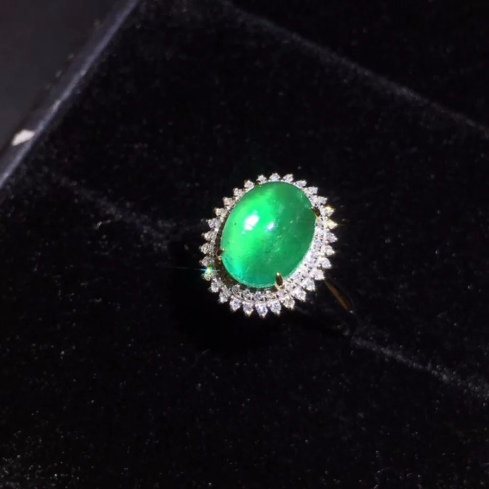 Fine Jewelry CQT 18K Gold 100% Natural Vivid Green Emerald Cabochon Gems 2.21ct 18k Diamonds Female Ring for Women Rings | Украшения и