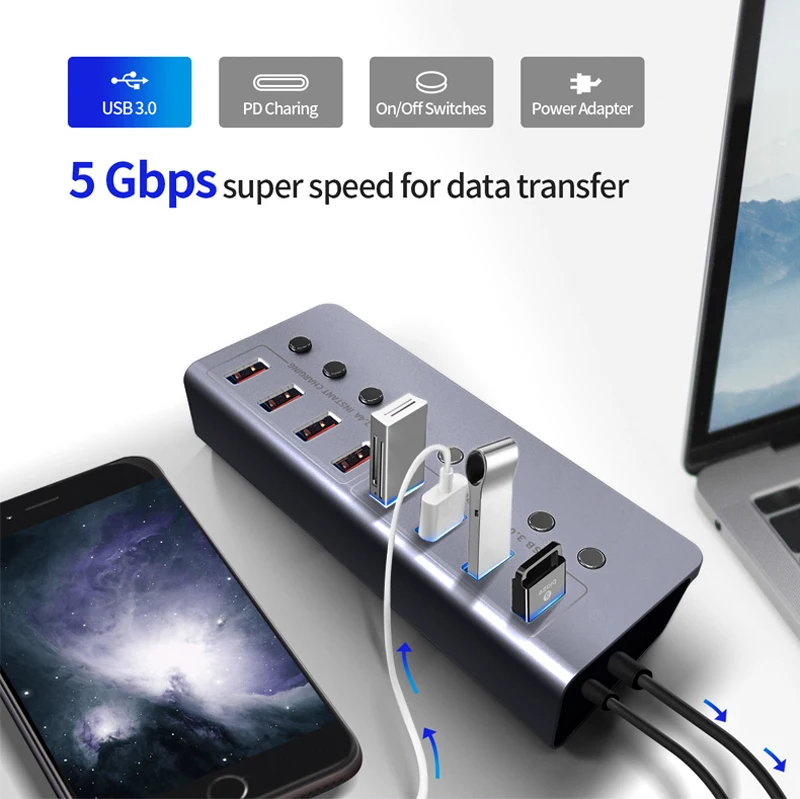 4 Usb хаба 3,0 4 Смарт зарядное устройство с зарядными портами 12V 4A адаптер питания концентратор USB 3,0 разветвитель вкл/выкл переключатель для Macbook ПК ноутбука