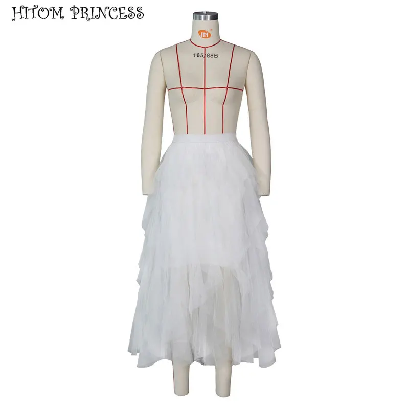 HITOM PRINCESS Fashion Tutu Tulle Skirt Women Long Maxi Skirt Summer High Waist Pleated Skirts Female Jupe Saias