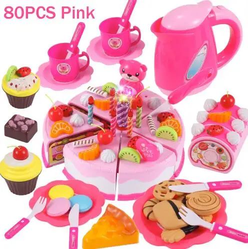 80pcs pink 80 шт. кухонные игрушки, ролевые игры, режущий торт на день рождения, пищевая игрушка, кухня для детей, Cocina De Juguete, пластиковый игровой чайный набор для еды - Цвет: 80pcs pink