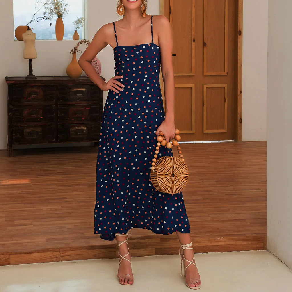 Повседневное женское летнее платье в горошек с открытыми плечами без рукавов