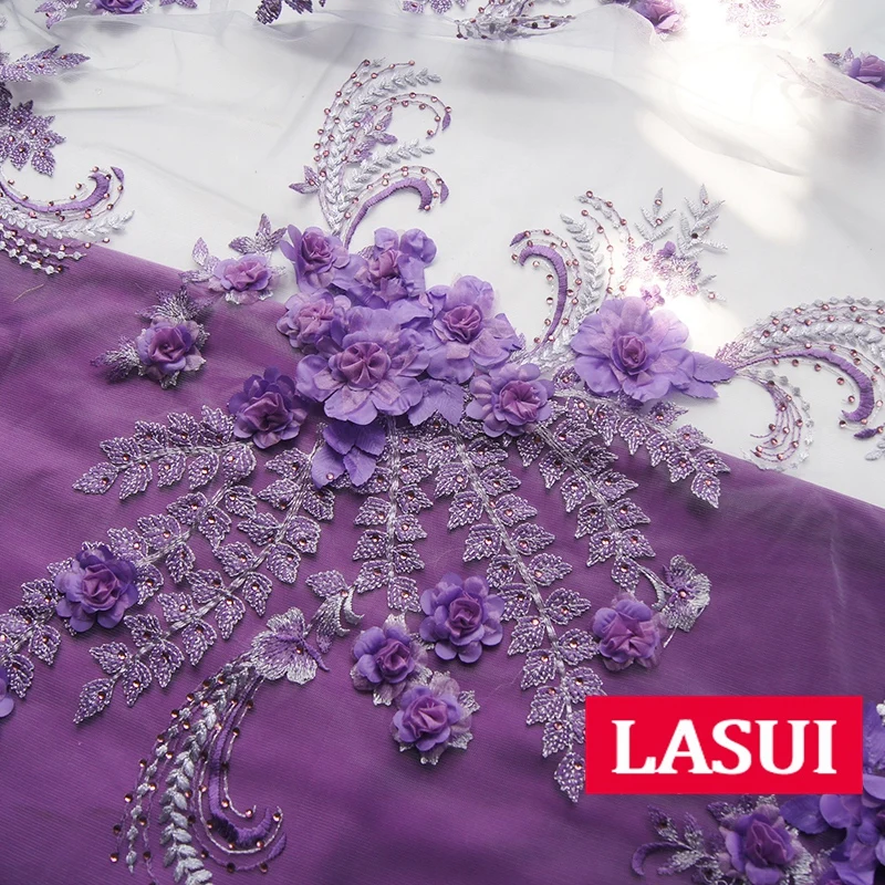 LASUI 1y = 1 лот фиолетовая 3D Цветочная вышивка Мягкая сетчатая кружевная ткань