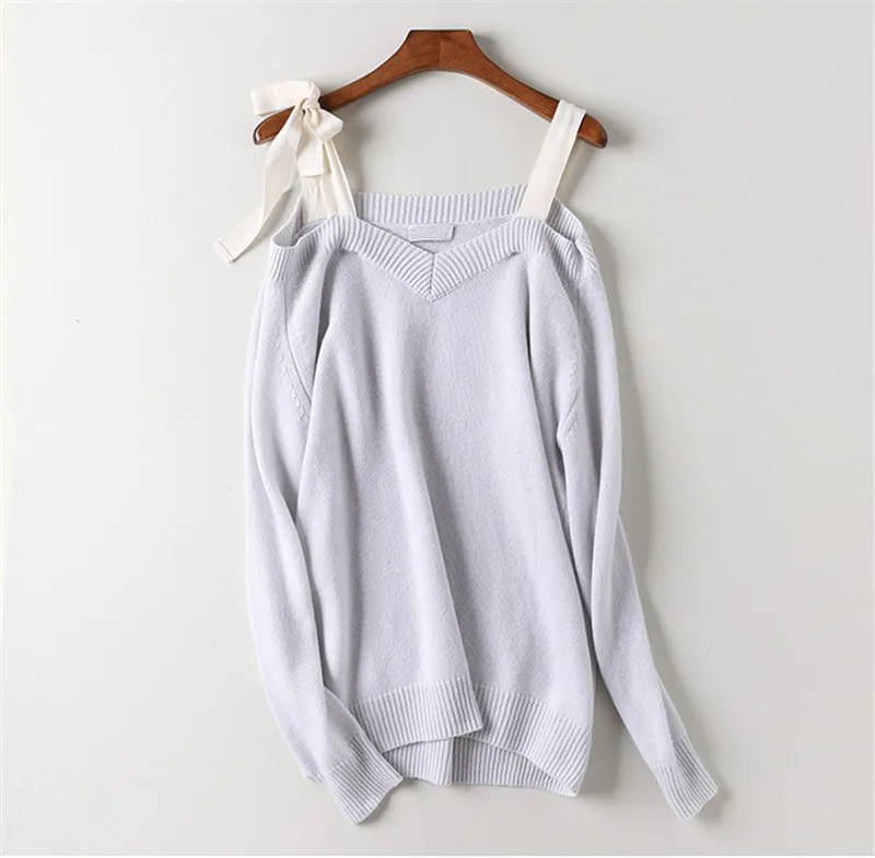 100% goat cashmere knit women fashion slash neck pullover sweater bowknot sling shoulder mid-long H-straight wide loose S/M/L | Женская
