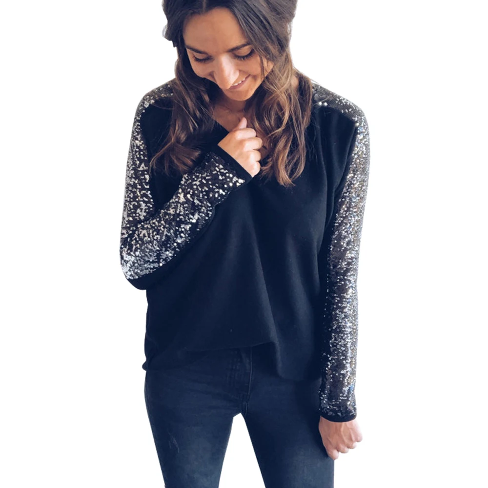 Женская блузка с блестками рубашка длинным рукавом Осень зима сексуальная блуза