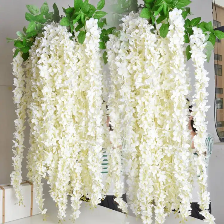 baratas Extra Longo Branco De Seda Artificial Hortênsia Flor Glicínias Guirlanda Ornamento De Suspensão Para Casa Jardim Decoração Do Casamento Suprimentos