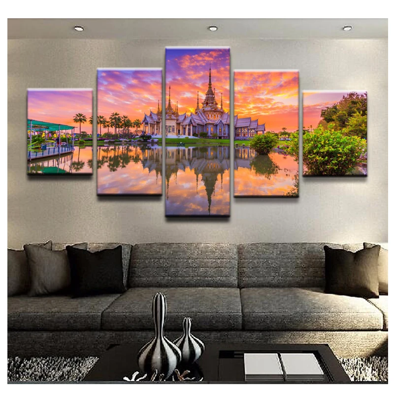 

diamond embroidery Reflection Sunset Thailand Religious Temp 5d diamond painting scenery cross stitch house lake wall Decoration