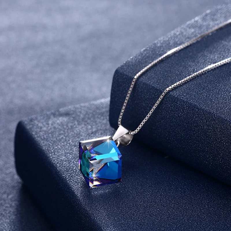 LEKANI кристаллы от Swarovski синий куб ожерелье с подвеской простое Трендовое ожерелье Настоящее Серебро S925 хорошее ювелирное изделие для женщин девушек