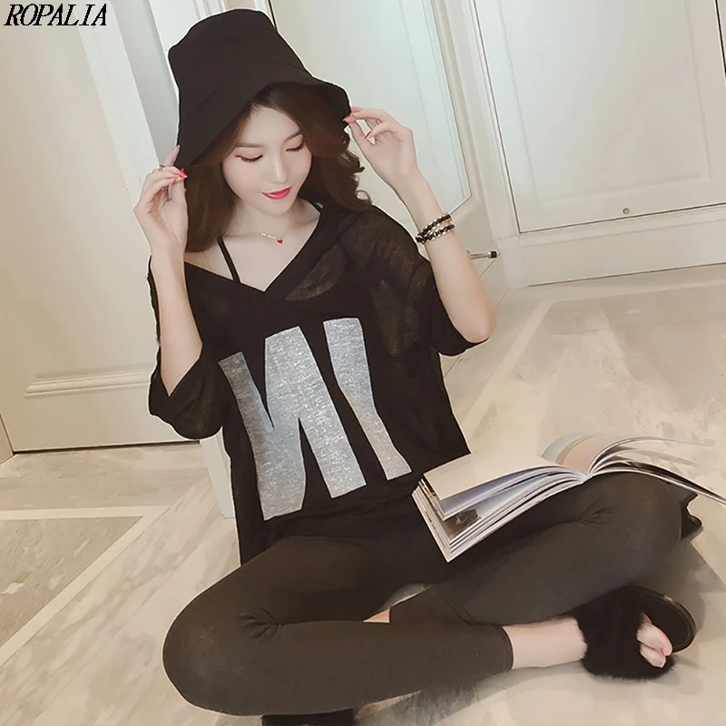 Женский модный сетчатый топ с v образным вырезом и буквенным принтом однотонная