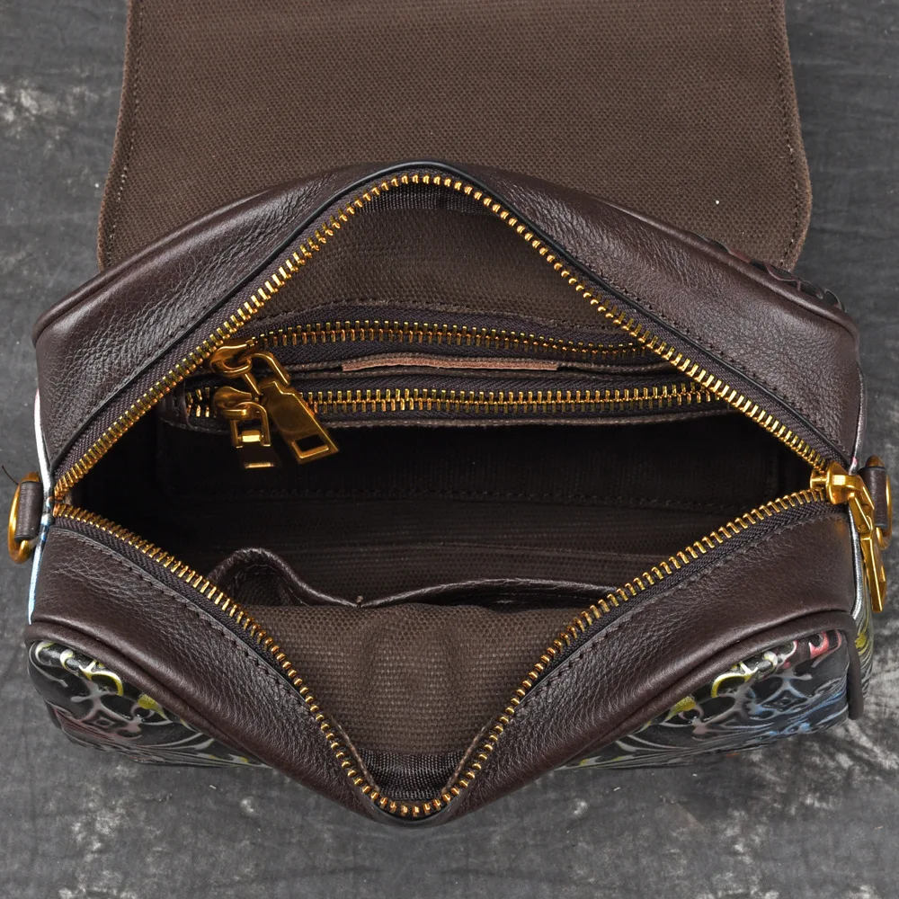 

Johnature 2021 New Fashionable Vintage Genuine Leather Floral Embossing Flap Pocket Women Shoulder&Handbags Messenger Bag