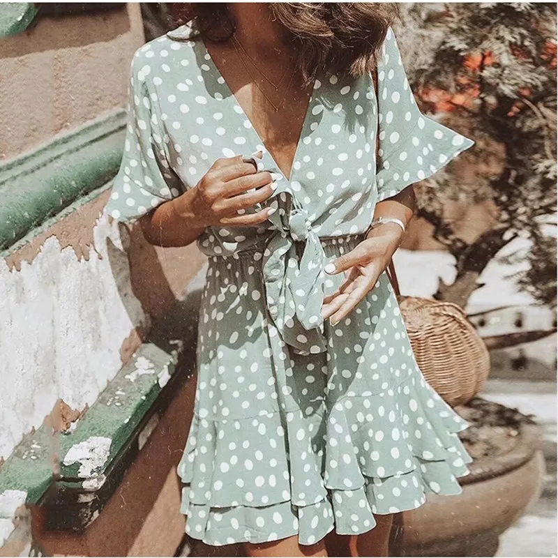 2019 Fashion Women Polka Dot Casual Dress Lace Up Ruffles Mini Party Flare Sleeve Beach | Женская одежда
