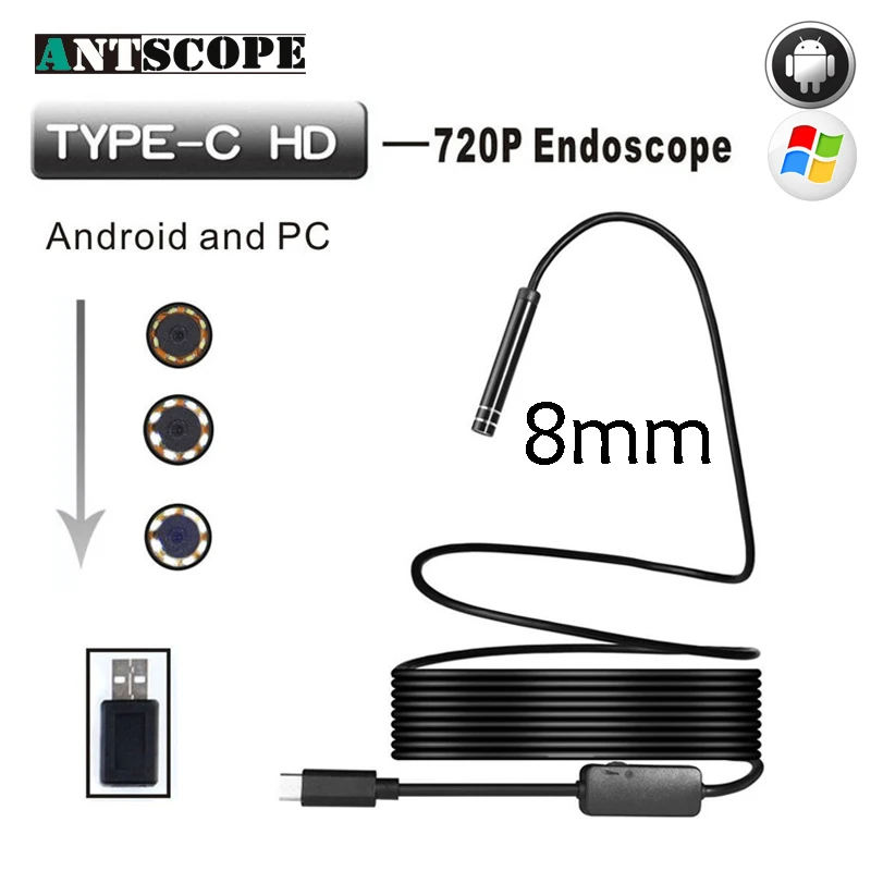 Antscope 720 P USB эндоскоп камера для ПК 8 мм водостойкий тип c змея кабель Android инспекции