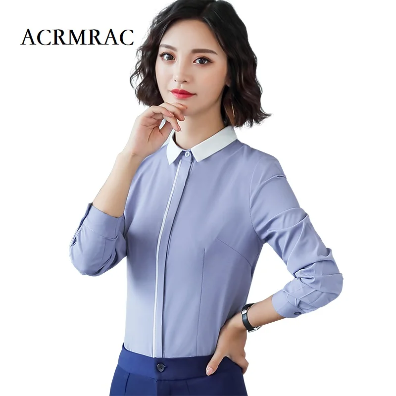 

ACRMRAC Women shirt Slim Autumn And Winter Splicing collar Solid color Long sleeve OL Formal Business Shirts Women