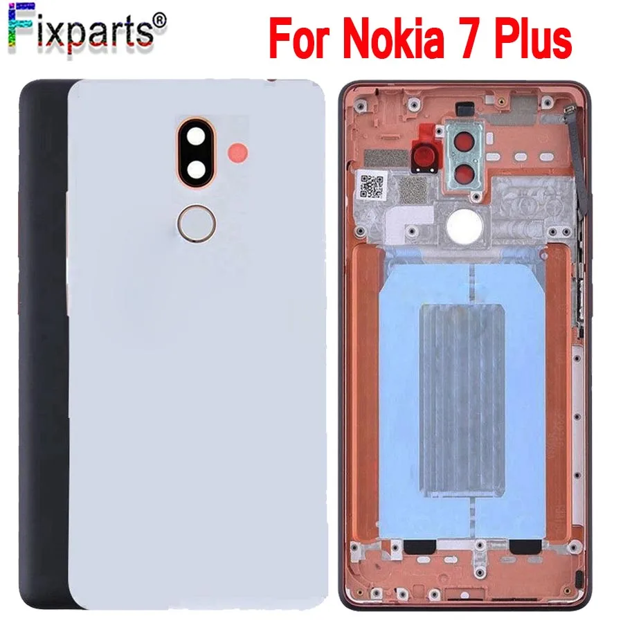 

Оригинальная Новинка для Nokia 7 Plus задняя крышка Крышка батарейного отсека Металлическая задняя крышка корпуса с кнопкой + стекло для объекти...