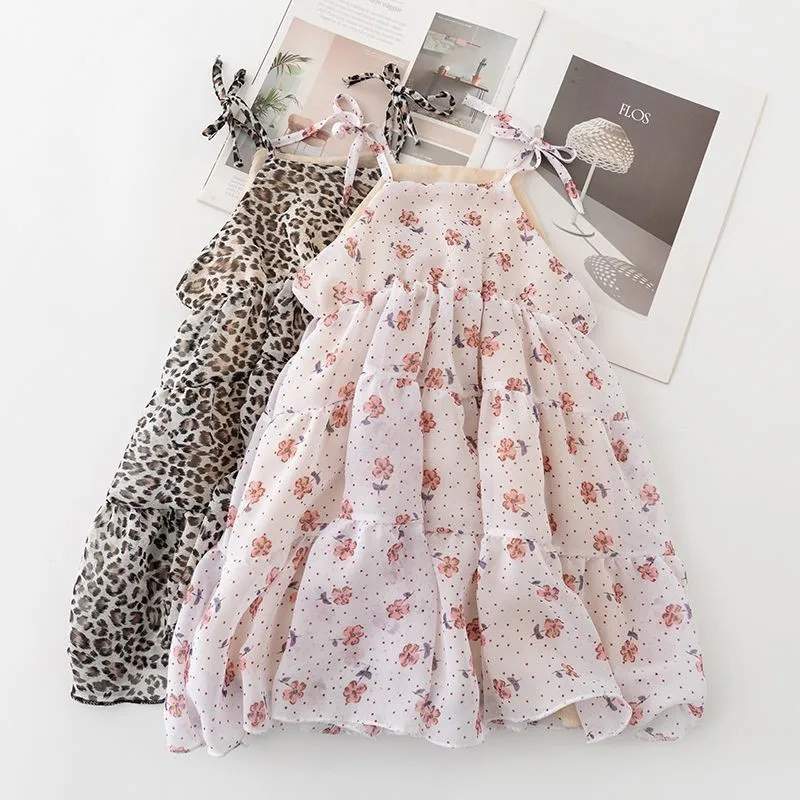 4 5 6 7 8 Years Girls Party Dress Fashion Korean Leopard Print Sling Kids Dresses For Summer Vacation Toddler Baby Clothes | Детская