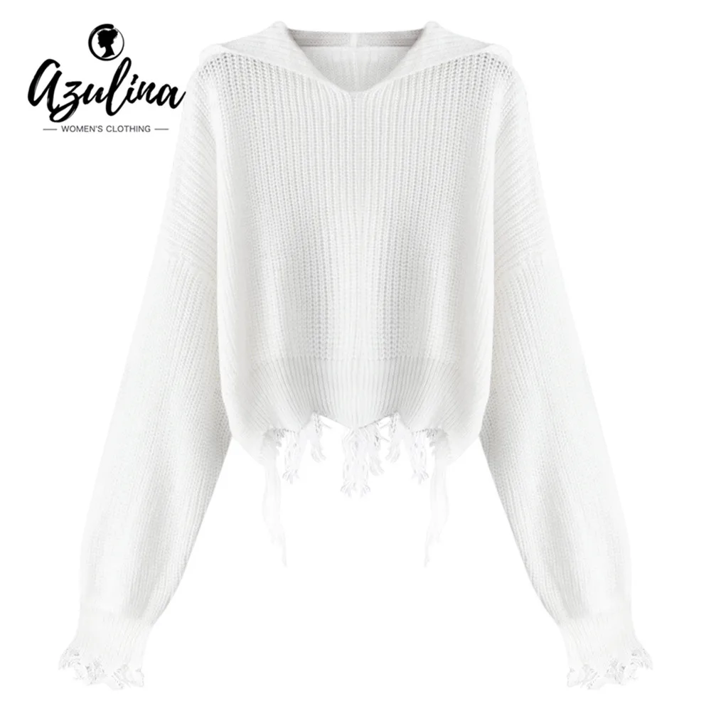 AZULINA Women Sweater Tops Lady Autumn Hooded Long Sleeve Fringed Loose Knit Pullover Female Sweaters Jumpers Pull Femme | Женская