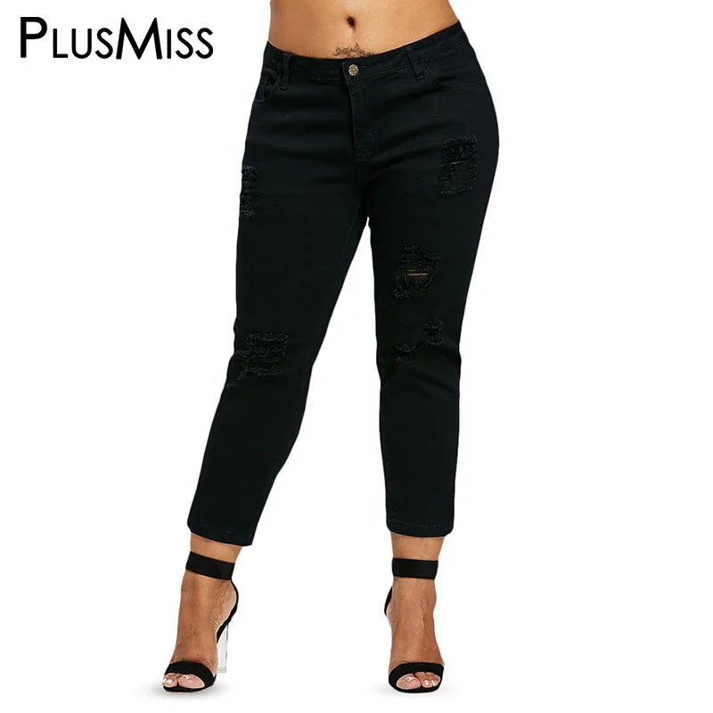 PlusMiss размера плюс 5XL черные рваные прямые джинсы мама XXXXL XXXL XXL Женские Большие
