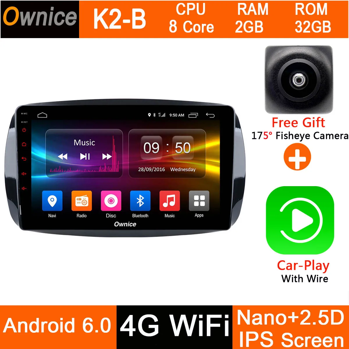 K2-B-CarPlay " ips Android 9,0 4 Гб ram+ 32 Гб rom 8 ядерный автомобильный радиоплеер для Mercedes Benz Smart Fortwo Forfour ADAS DSP CarPlay - Цвет: K2-B-CarPlay