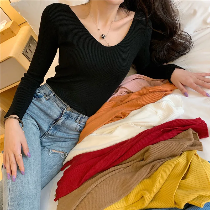 Женские Вязаные Рубашки с v образным вырезом Новинка осени 2019|Футболки| |